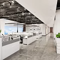 Modern Public Office Space Featuring Workstations Partitions Green Plants Large Windows And Ceiling Lighting 3d model