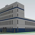 Modern Blue and White Multi storey Building with Lawn and People Walking
