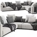 Modern Light Gray Sectional Sofa With Checkered Pillows And Soft Throw Blankets 3d model