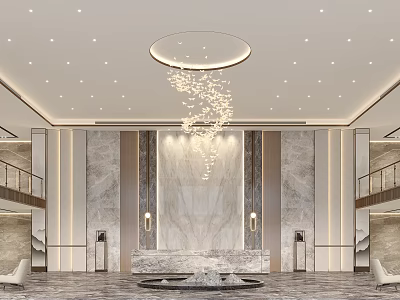 Elegant Modern Hotel Lobby With Marble Walls Crystal Chandelier And Central Fountain 3d model