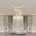 Elegant Modern Hotel Lobby With Marble Walls Crystal Chandelier And Central Fountain