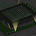 Modern Curved Roof Building Exterior With Glass Windows And Nighttime Lighting