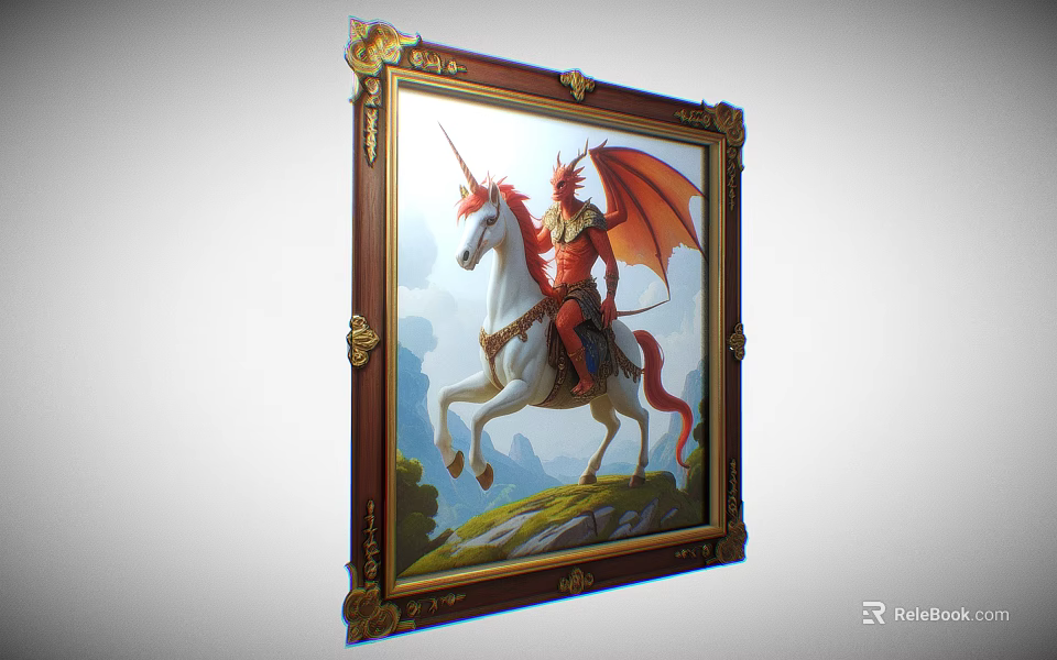 Character Painting With Ornate Frame Red Dragon Riding White Unicorn Mountain Grassland Background 3d model 