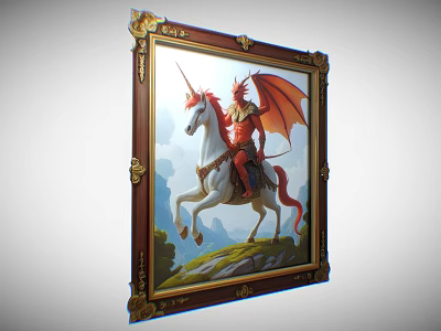 Character Painting With Ornate Frame Red Dragon Riding White Unicorn Mountain Grassland Background 3d model