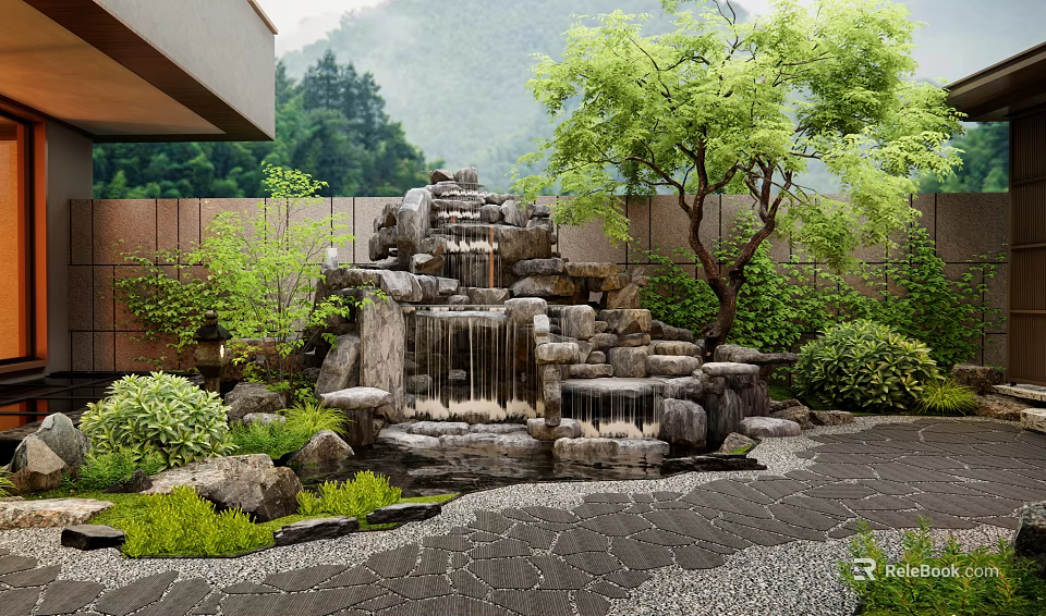 Courtyard Garden Design With Rock Waterfall Lush Trees Greenery And Pebble Path 3d model 