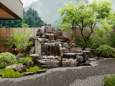Courtyard Garden Design With Rock Waterfall Lush Trees Greenery And Pebble Path 3d model