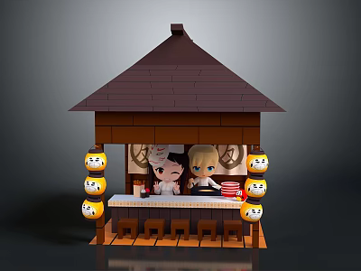 Lego Style Miniature Pavilion Scene With Brown Roof Yellow Lanterns Figures And Bar Counter 3d model