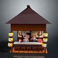 Lego Style Miniature Pavilion Scene With Brown Roof Yellow Lanterns Figures And Bar Counter