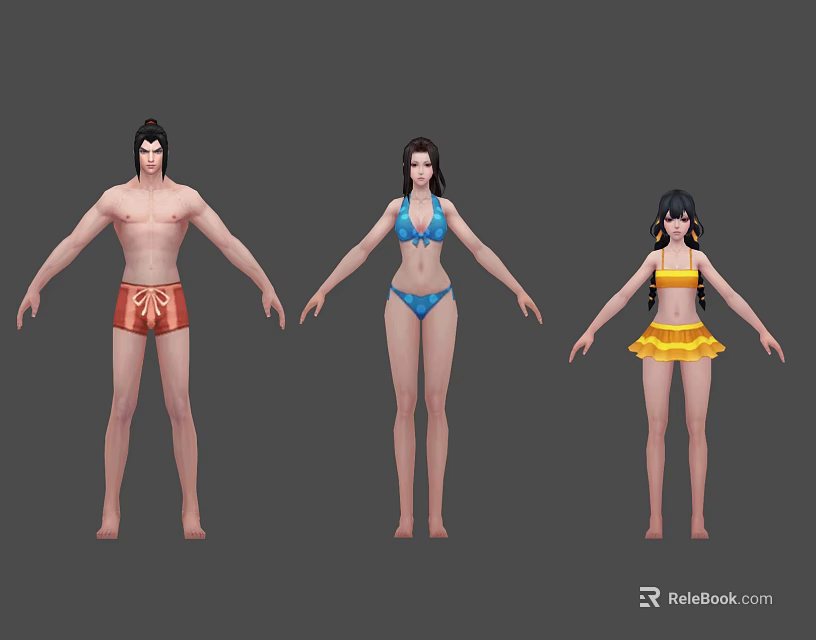 Group of Three People Wearing Colorful Swimwear Red Trunks Blue Bikini And Yellow Dress 3d model 