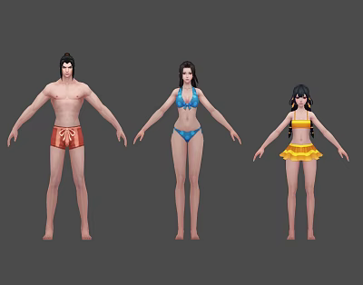 Group of Three People Wearing Colorful Swimwear Red Trunks Blue Bikini And Yellow Dress 3d model