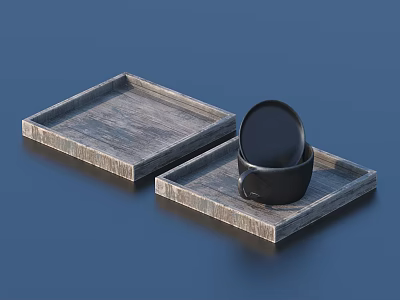 Two Simple Wooden Trays With Stacked Black Cups For Household Use 3d model