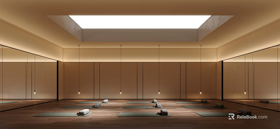 Yoga Studio Fitness Space With Skylight Ceiling Wooden Floors And Hanging Lights For Yoga Practice 3d model 