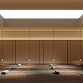 Yoga Studio Fitness Space With Skylight Ceiling Wooden Floors And Hanging Lights For Yoga Practice