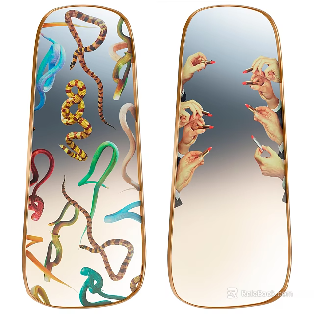 Decorative Mirror Featuring Colorful Snakes And Hands With Red Painted Nails Holding Cigarettes 3d model 