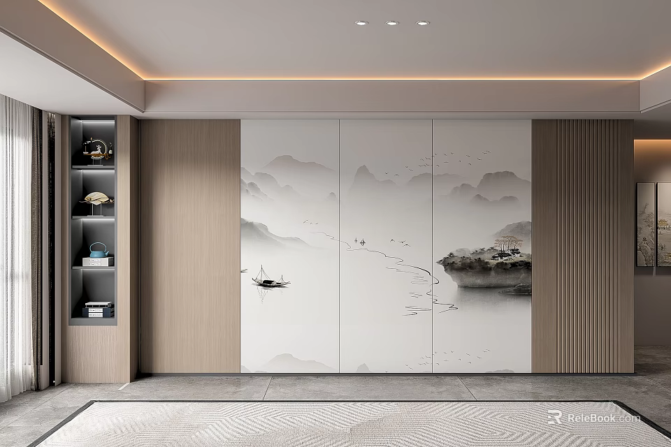 Modern Light Luxury Background Wall with Mountain Water Painting and Wooden Frame in Minimalist Design 3d model 
