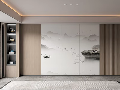 Modern Light Luxury Background Wall with Mountain Water Painting and Wooden Frame in Minimalist Design 3d model