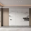 Modern Light Luxury Background Wall with Mountain Water Painting and Wooden Frame in Minimalist Design