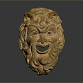 Wooden Mythical Mask With Horns Curly Hair And Grinning Expression Artwork