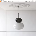 Modern Black And White Pendant Light With Two Spherical Shades Hanging From Ceiling Medallion