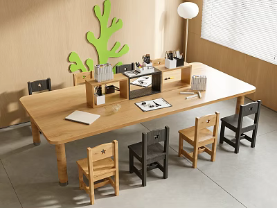 Wooden Kids Table With Chairs And Stationery In Bright Room 3d model