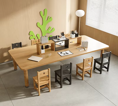 Wooden Kids Table With Chairs And Stationery In Bright Room 3d model