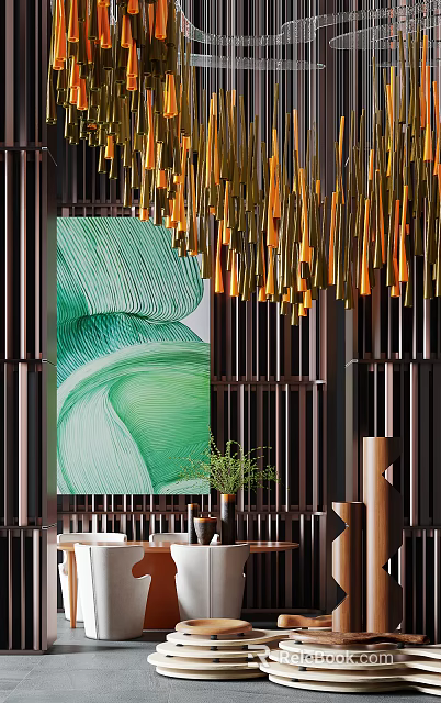 Stylish Table And Chair Set With Green Abstract Painting Golden Chandelier And Dark Wooden Partition 3d model 
