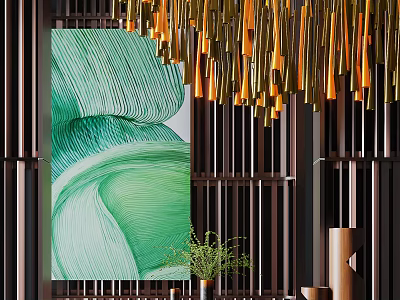Stylish Table And Chair Set With Green Abstract Painting Golden Chandelier And Dark Wooden Partition 3d model
