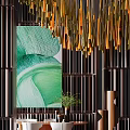 Stylish Table And Chair Set With Green Abstract Painting Golden Chandelier And Dark Wooden Partition
