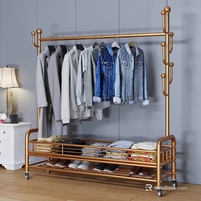 Golden Metal Clothing Rack With Hanging Shirts Jeans Folded Clothes And Shoes In Bedroom 3d model 