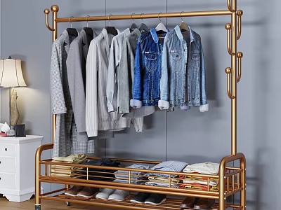 Golden Metal Clothing Rack With Hanging Shirts Jeans Folded Clothes And Shoes In Bedroom 3d model