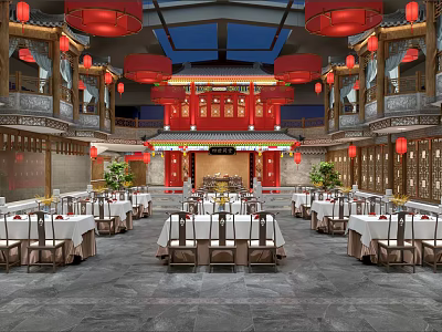 Traditional Chinese Restaurant Interior With Red Lanterns Classic Architecture And Dining Tables 3d model