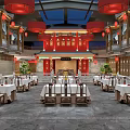 Traditional Chinese Restaurant Interior With Red Lanterns Classic Architecture And Dining Tables