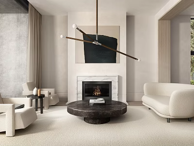 Modern Living Room Interior Design With Beige Sofa Marble Fireplace And Chandelier 3d model
