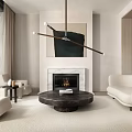 Modern Living Room Interior Design With Beige Sofa Marble Fireplace And Chandelier