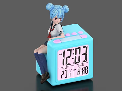 Blue Cube Alarm Clock With Anime Girl Figure Displaying Time Date And Temperature 3d model
