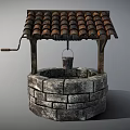 Public Well With Stone Circular Structure And Wooden Tiled Roof Hanging Bucket