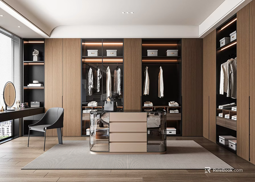 Modern Walk-in Closet Interior With Wooden Cabinets Hanging Clothes And Drawers 3d model 