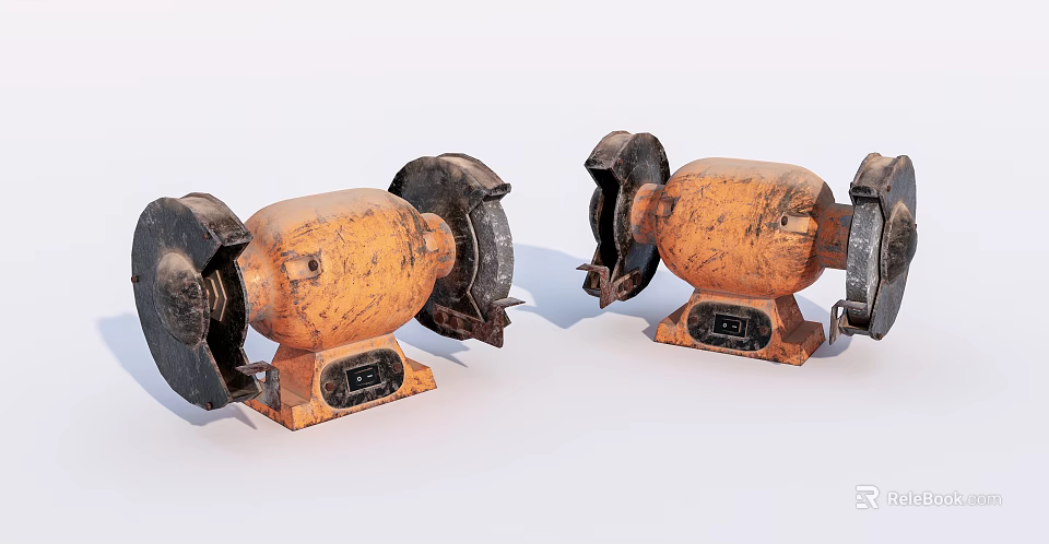 Two Vintage Orange Industrial Grinding Equipment With Metal Bases And Black Wheels 3d model 