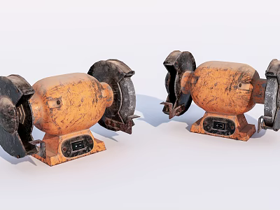 Two Vintage Orange Industrial Grinding Equipment With Metal Bases And Black Wheels 3d model
