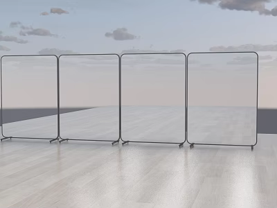 Transparent Glass Room Divider With Four Panels Black Frame And Wheels On Wooden Floor 3d model