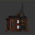 Steampunk Style Building with Gear Decorations Red Door Windows and Chimneys 3d model