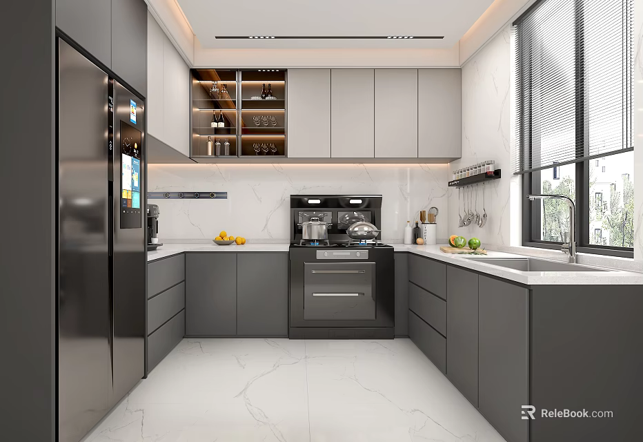 Modern Kitchen Interior With Gray Cabinets Stainless Steel Refrigerator Coffee Machine And Marble Countertop 3d model 