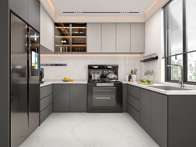 Modern Kitchen Interior With Gray Cabinets Stainless Steel Refrigerator Coffee Machine And Marble Countertop 3d model