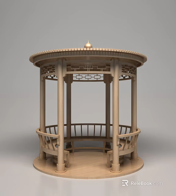 Chinese Traditional Wooden Circular Pavilion With Pillars Railings And Carved Top 3d model 