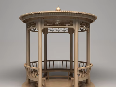 Chinese Traditional Wooden Circular Pavilion With Pillars Railings And Carved Top 3d model