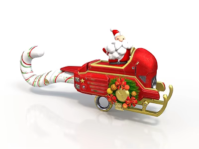 Red Christmas Sleigh with Santa Claus gold decorations bells and candy cane shaped pole 3d model