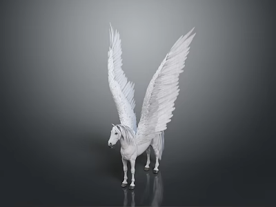 Mythical White Pegasus With Large Feathered Wings On Dark Reflective Surface 3d model