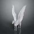Mythical White Pegasus With Large Feathered Wings On Dark Reflective Surface 3d model