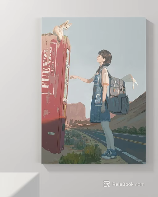 Character Illustration of Girl in Overalls with Backpack Standing by Red Vending Machine on Road 3d model 