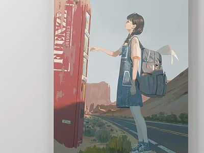 Character Illustration of Girl in Overalls with Backpack Standing by Red Vending Machine on Road 3d model